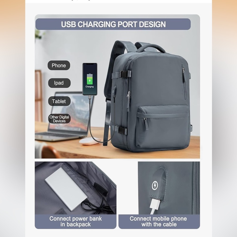Stylish Gray USB Charging Water Resistant Large Travel Backpack Unisex